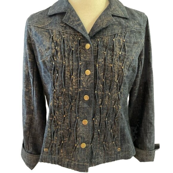 Coldwater Creek Denim Snap Front Jacket Women's 4P Metallic Pleated Western Boho - Picture 1 of 12